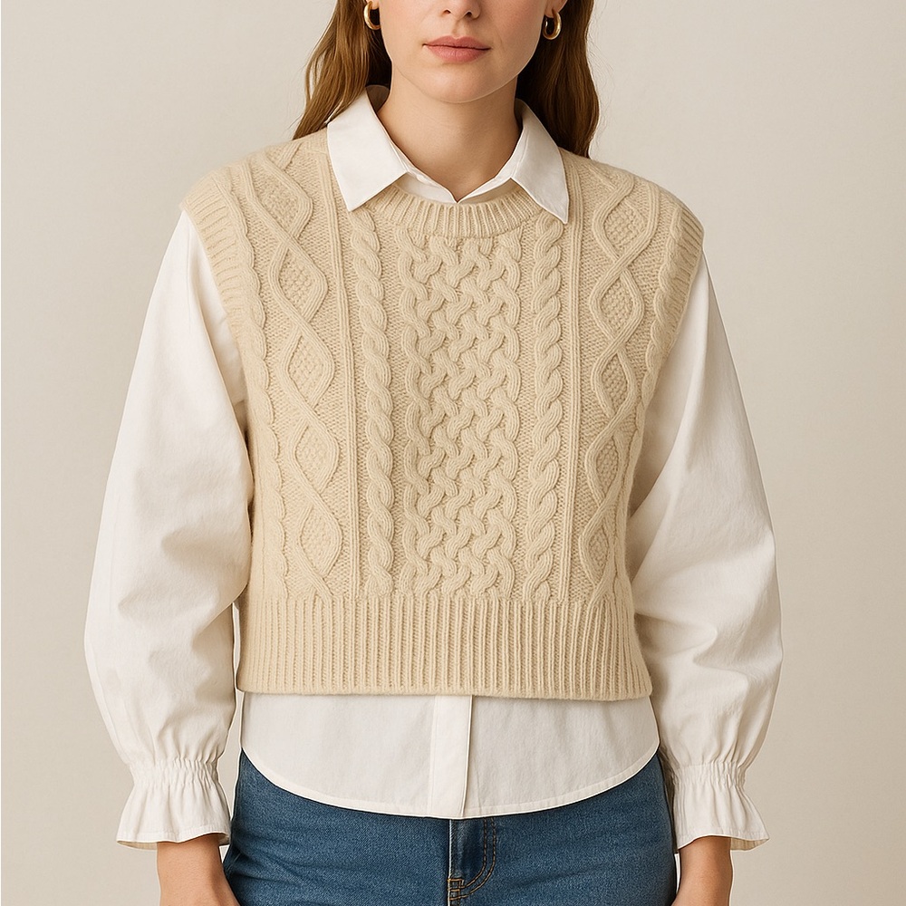 Sea NY Devana Cream Mixed Media Knit Combo Sweater Vest Top S NWT $345